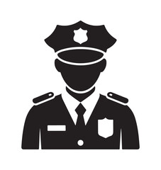 Police officer silhouette icon representing law enforcement, security, and public service. Black and white design for use in various law-related contexts.