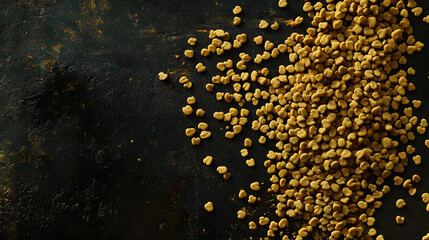 A vibrant arrangement of whole fenugreek seeds in soft yellow hues, showcasing their natural, irregular shapes and earthy texture against a dark backdrop.