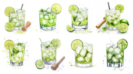 Caipirinha cocktail variations with lime slices, crushed ice and wooden muddlers. Watercolor illustration collection isolated on white background. Classic Brazilian drink. 
