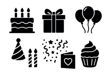 Birthday celebration icons set - silhouette, party and festive decoration graphics