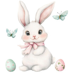 Cute bunny with butterflies and pastel eggs in a whimsical style
