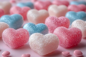 Fototapeta premium Sweet heart shaped candies scattered across pink surface symbolizing love and affection.
