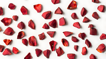 Whole bright red annatto seeds scattered across a white surface, their irregular shapes and bold color creating an intricate natural pattern.