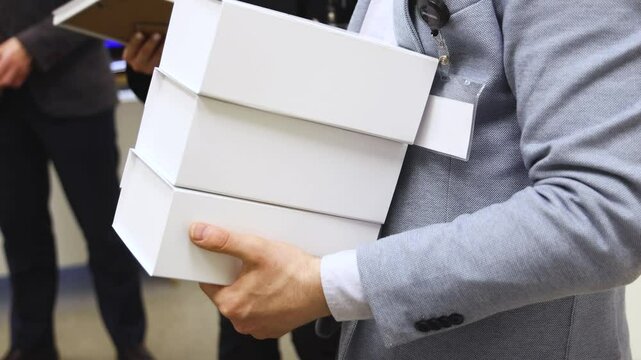 New Year corporate gifts and souvenirs presentation for company employees, Christmas party presents exchange, bag package for conference participants, gift giving at office work, white blue paper bags
