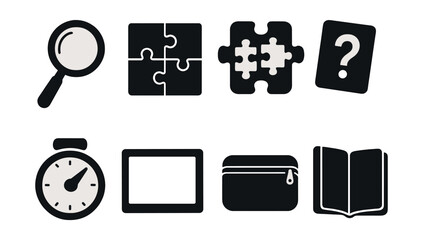 Puzzle tools silhouette icons set – problem-solving, challenge, mind-teasers symbols