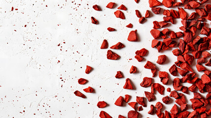 Whole bright red annatto seeds scattered across a white surface, their irregular shapes and bold color creating an intricate natural pattern.