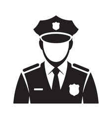 Police officer silhouette icon representing law enforcement, security, and public service. Black and white design for use in various law-related contexts.
