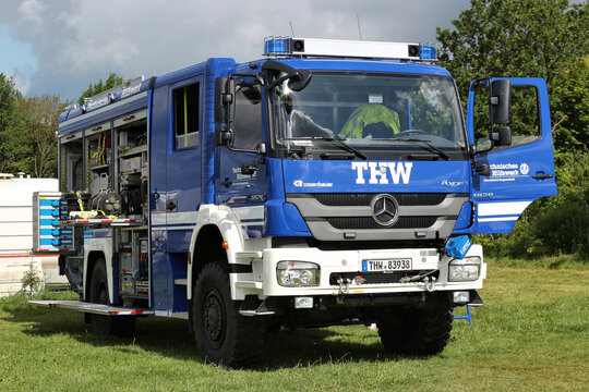 Bergneustadt, Germany - June 17, 2012: German THW (Federal Agency for Technical Relief) Mercedes-Benz Axor rescue truck
