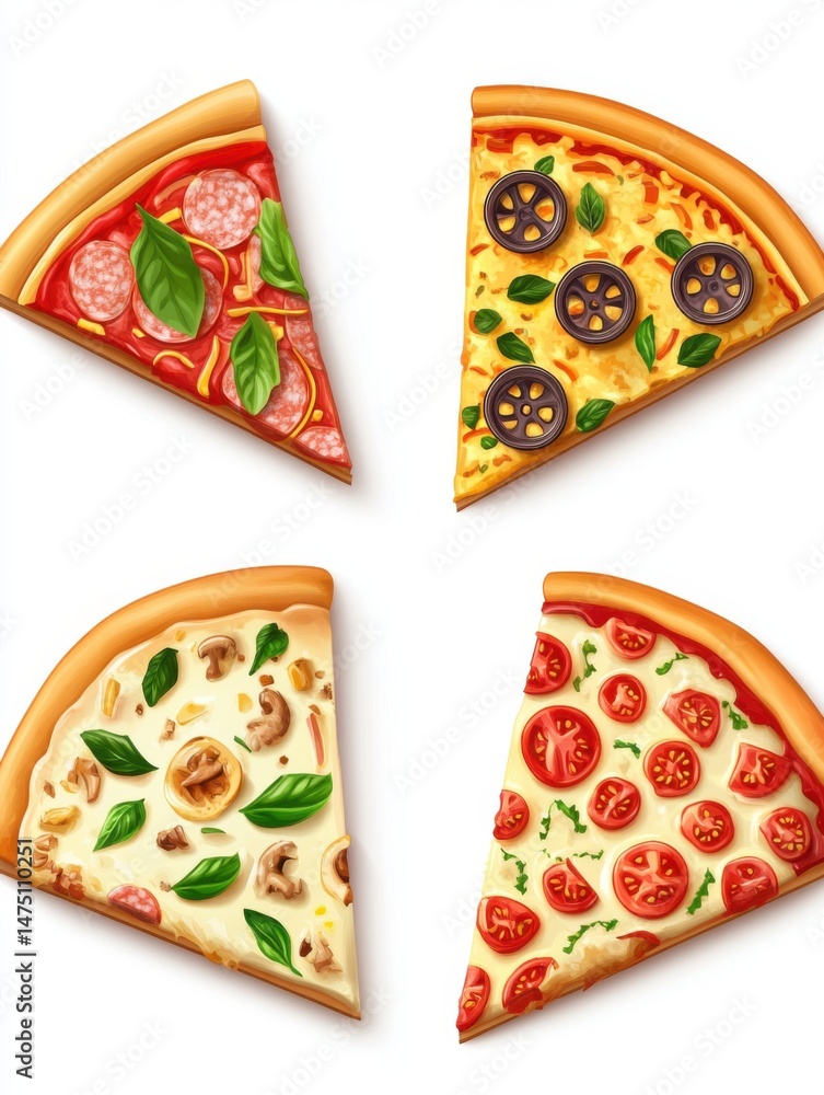 Poster four pizza slices with different toppings on white background studio shot overhead view variety of f