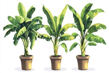 Obraz premium Three Banana Plants in Pots on White Background Digital Illustration Indoor Tropical Foliage