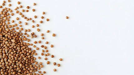 Whole buckwheat grains in brown, scattered on a white background, highlighting their texture and natural appearance.