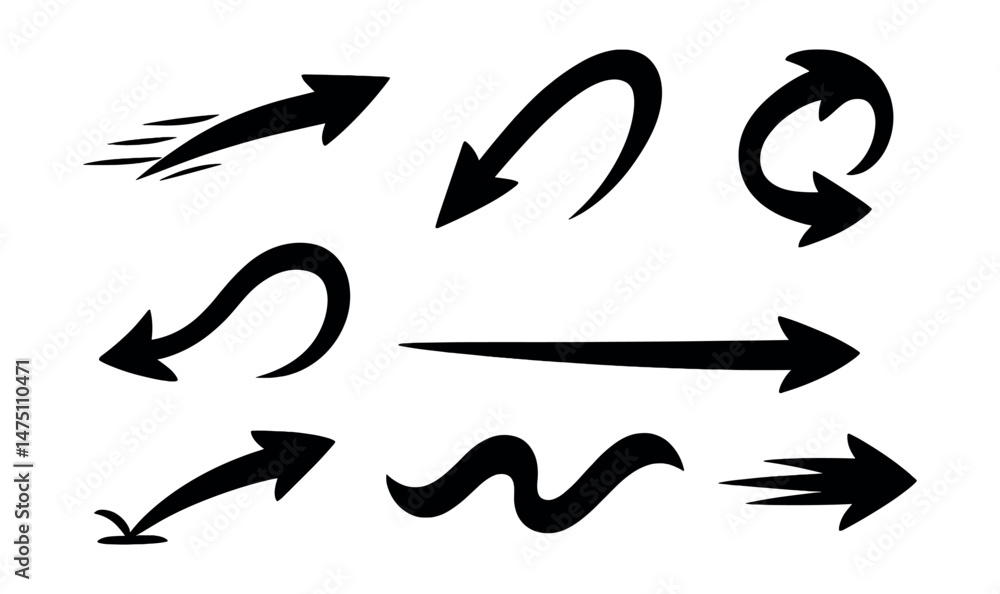 Poster dynamic arrows silhouette icons set – movement, direction and flow symbols