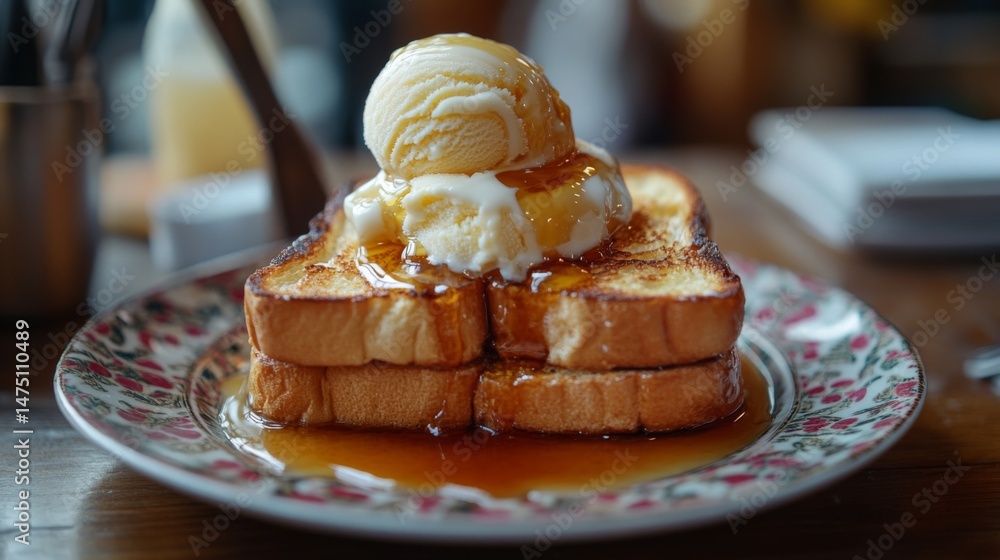 Poster an artistic arrangement of honey toast served on a patterned plate, with a scoop of ice cream meltin