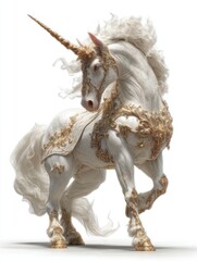 Regal unicorn rearing up with glowing horn, isolated view