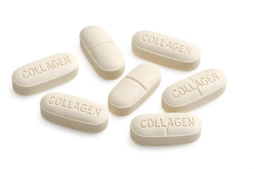 A group of beige collagen supplement tablets arranged on a surface. Concept Collagen Supplements, Beige Tablets, Health and Wellness, Nutritional Support, Beauty from Within