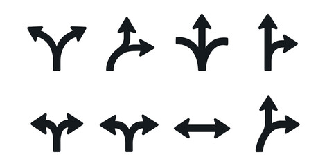 Split and merge arrows icons set – silhouette, navigation and direction symbols