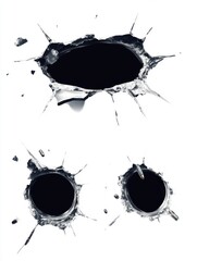 Bullet holes in white surface close up studio shot showing damage and destruction with flying bullets and shattered material