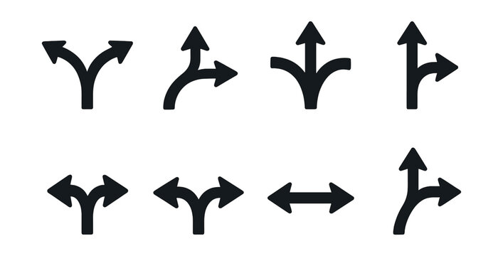 Split and merge arrows icons set – silhouette, navigation and direction symbols