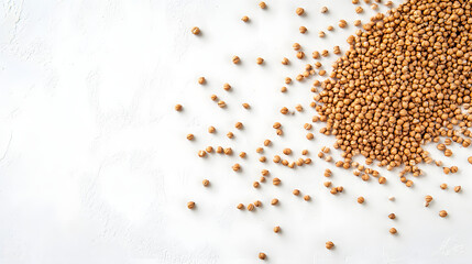 Whole buckwheat grains in brown, scattered on a white background, highlighting their texture and natural appearance.