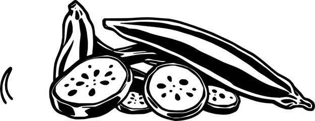 Sliced Okra and Banana A Black And White Illustration