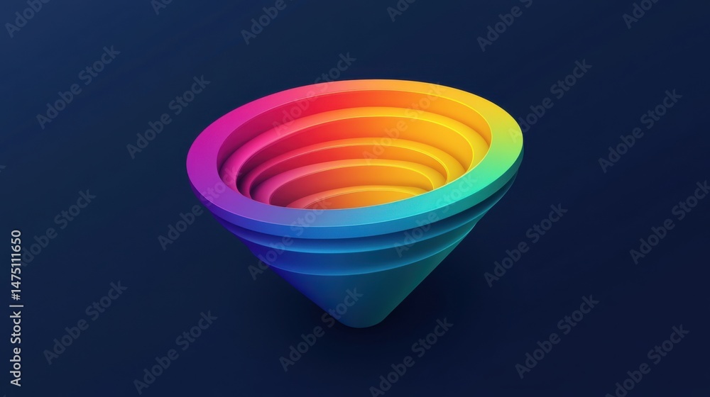 Poster abstract 3d render of a colorful funnel shape with gradient layers on dark background studio shot