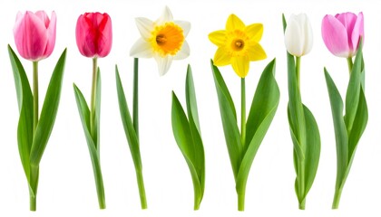 Colorful spring flowers including tulips and daffodils isolated on white background