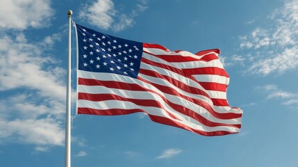Naklejka premium The United States flag mounted on a flagpole, waving gracefully against a bright blue sky,