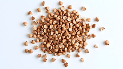 Whole buckwheat grains in light brown, scattered on a white surface, emphasizing their natural shape and texture.