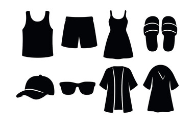 Summer clothing icons set &ndash; silhouette style, beachwear and casual attire symbols