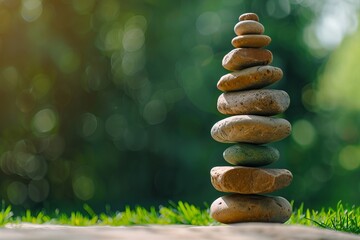 Obraz premium A serene stack of smooth stones, balanced carefully, symbolizes harmony and tranquility in a natural setting.