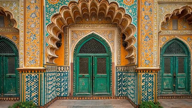 Ornate Green Doors and Intricate Facade of a Historic Palace in India