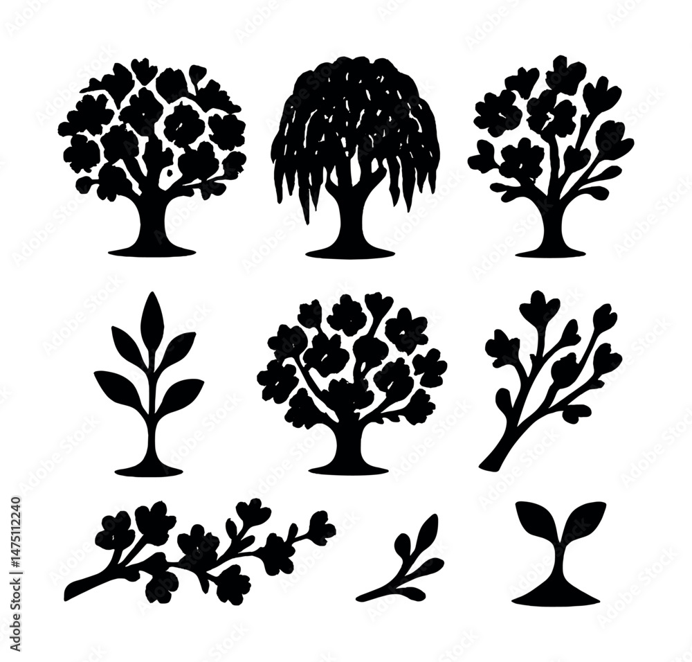 Poster spring tree icons set – silhouette, nature and botanical design elements