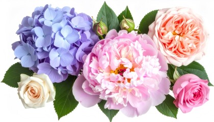 Pink peony, purple hydrangea and colorful roses forming a floral arrangement