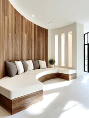 Cozy curved seating with wooden wall in modern interior design