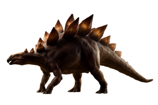 A stegosaurus moves confidently across an ancient landscape