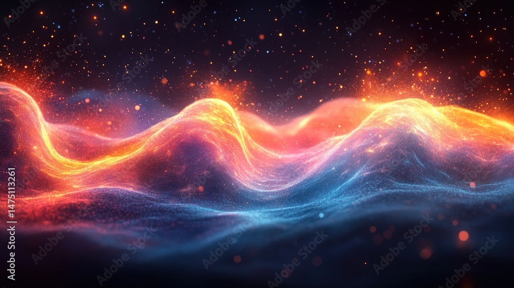 Poster abstract fiery waves of glowing particles in space. dynamic energy flows in orange and blue hues ove
