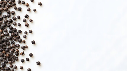 Scattered dark gray whole cubeb peppercorns across a white surface, emphasizing their irregular shapes and bold texture.