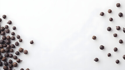 Whole cubeb peppercorns in dark gray, arranged randomly across a white background, their textured surfaces catching the light.