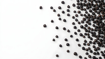 Whole cubeb peppercorns arranged in a symmetrical pattern, dark gray and contrasting against the smooth white background, highlighting their natural form.
