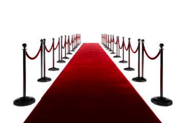 Red carpet lined with velvet ropes awaiting guests for an event