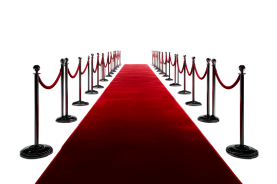 Red carpet lined with velvet ropes awaiting guests for an event