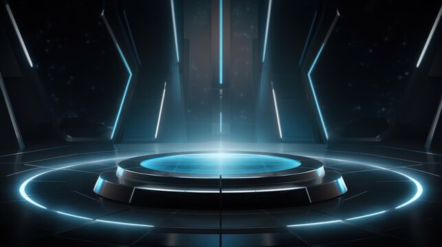 Digital technology Podium background with futuristic lights. AI generated image