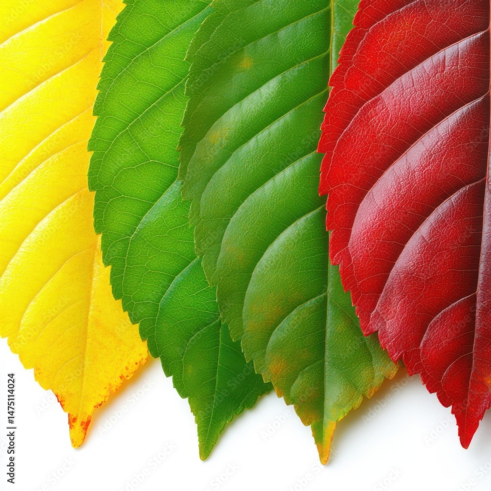 Poster close-up of colorful leaves displaying autumnal transition from green to yellow and red on white bac