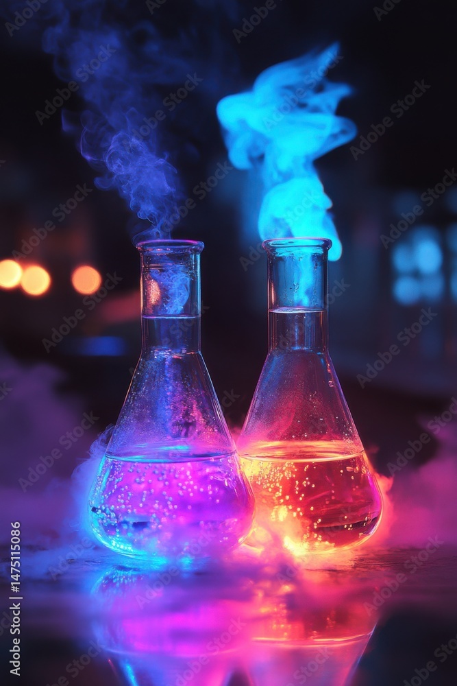 Aufkleber two erlenmeyer flasks with colorful liquid and smoke close up laboratory experiment science chemistr