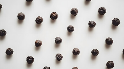 Dark gray whole cubeb peppercorns, randomly scattered across a white background, their irregular shapes and bold texture standing out.