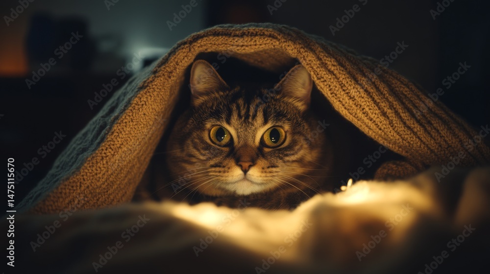Aufkleber an artistic shot of a fat cat curled up inside a cozy blanket, with soft lighting creating a warm gl