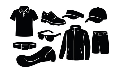Golf apparel silhouette icons set – simple, clothing and sportswear symbol collection