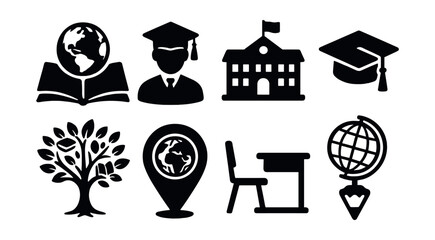 Global education silhouette icons set – simple, school and learning symbols