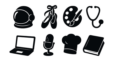 Girl's dream careers icons set - silhouette, simple career and profession symbols