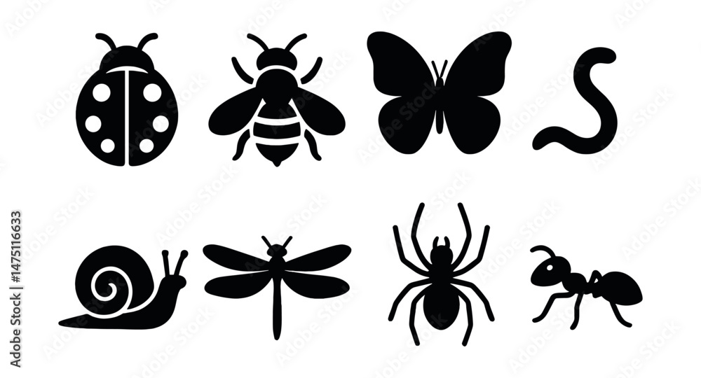 Poster garden insect silhouette icons set – simple bug and critter symbol collection